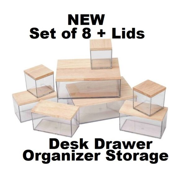 NEW Drawer Desktop Organizer 8 Piece Set Acrylic Clear with Wooden Lids Office - Picture 2 of 14
